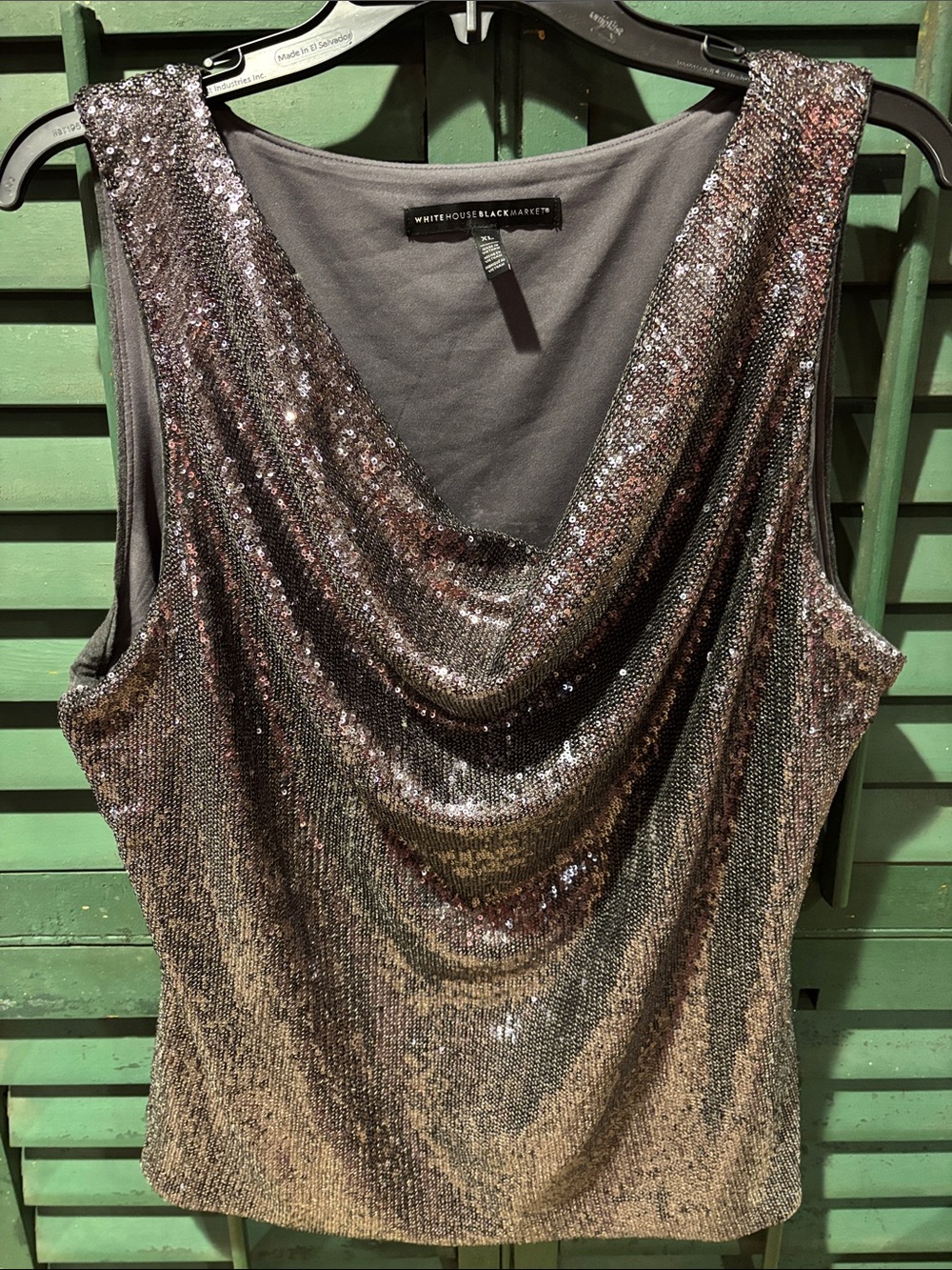 White House Black Market silver Sequin Drape Neck Tank